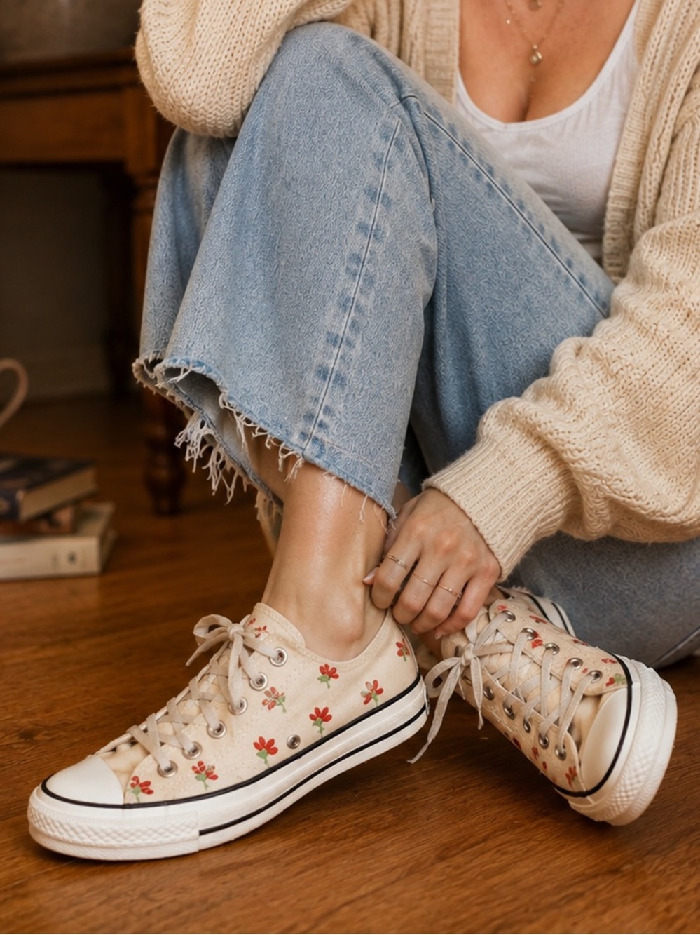 Converse Chuck Taylor Low-Top Sneakers with Orange Red Floral Embroidery